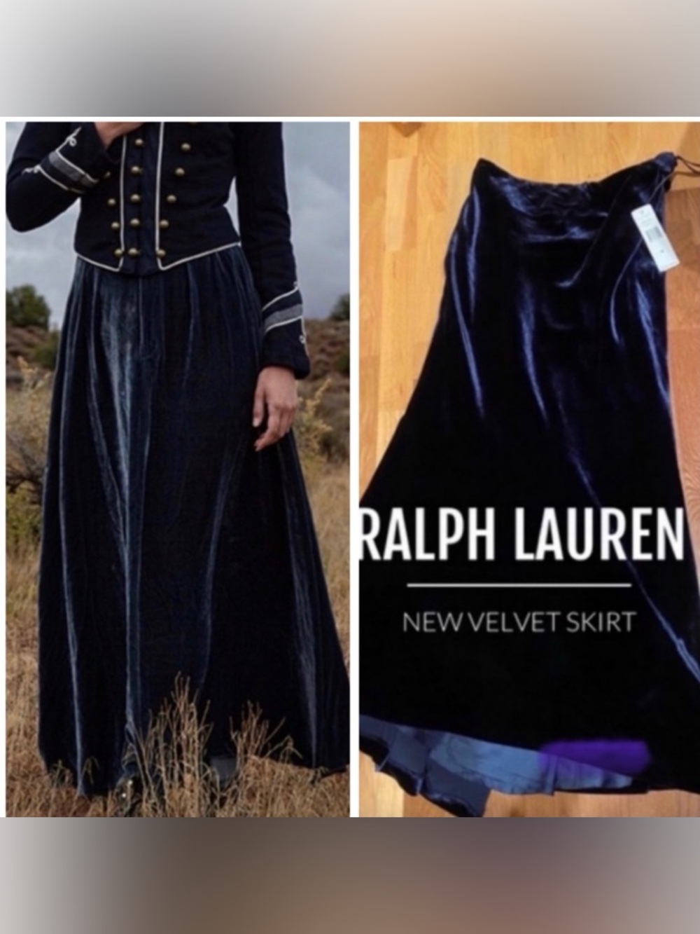 Ralph Lauren Blue Stretch Velvet Maxi Skirt Size M and L New with Tags